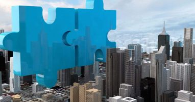 City building view with puzzle pieces